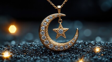 Delicate gold necklace crescent moon pendant and star charm embellished shimmering stones set against dark glittery background evoking celestial beauty.