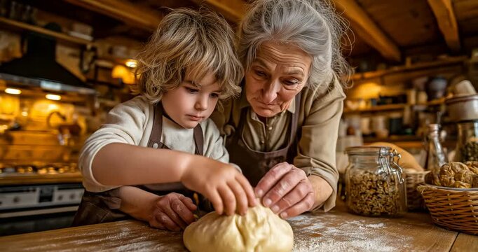 Grandmother teaching her grandson how to fold dumplings in a cozy kitchen, warm lighting, ultra-realistic detail.