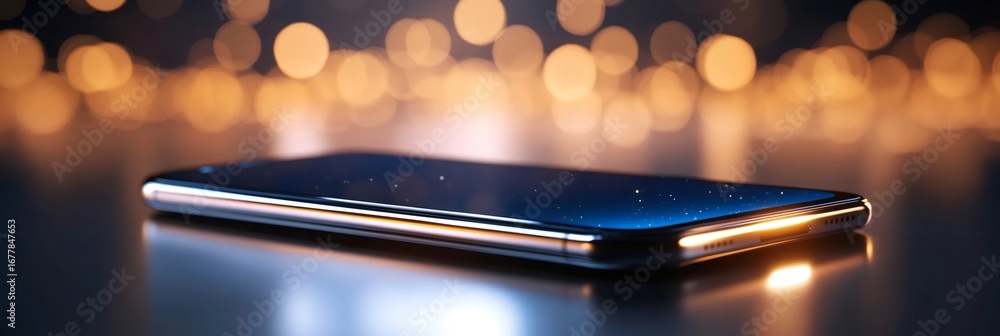 Aufkleber modern smartphone lying on reflective surface with bokeh effect