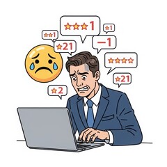 Man distressed by negative online reviews on laptop isolated on white background
