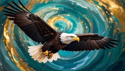 Majestic eagle soaring above swirling teal and gold