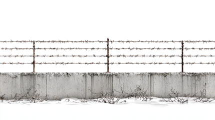 Barbed Wire Fence On Concrete Wall With Snow, PNG