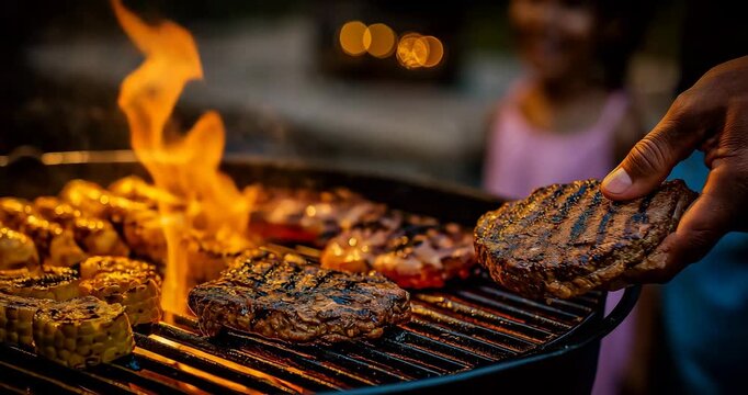 Father teaching his daughter how to grill barbecue in the backyard at sunset, warm cinematic lighting, high detail.