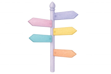 Pastel-colored wooden signpost with blank arrows pointing in different directions, offering a multitude of choices, on a transparent background