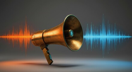 Dynamic golden megaphone amplifies vibrant sound waves, symbolizing powerful communication and impactful messaging for modern campaigns