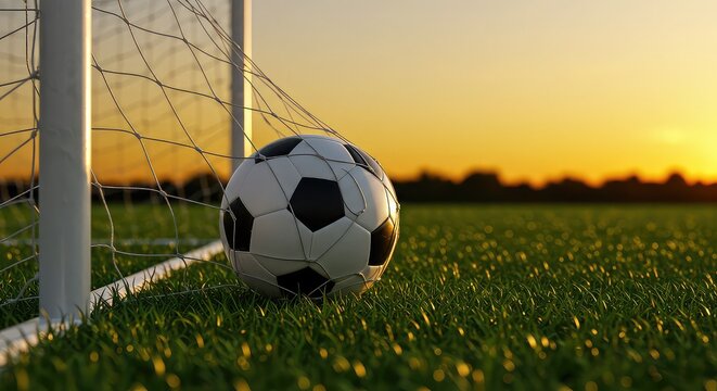 Triumphant soccer ball nestled in net at golden hour sunset, celebrating victory and athletic achievement on lush green field - Powered by Adobe