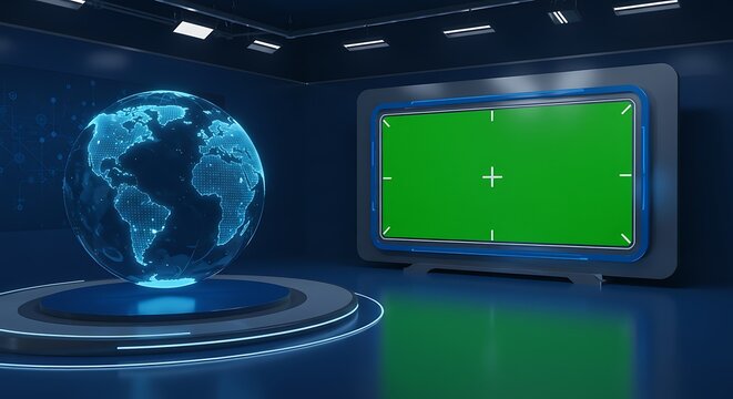 Immersive virtual news studio featuring a glowing digital globe and a prominent green screen display, perfect for futuristic broadcast presentations and global information delivery