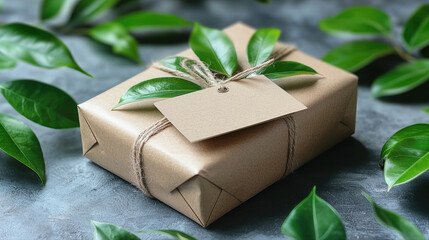 beautifully wrapped gift features eco friendly packaging adorned green leaves and simple tag capturing essence of luxury in presentation for memorable moments.