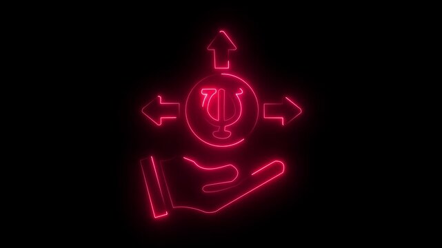 Neon Green Psychology Symbol Psi Hand Arrows Choice Decision Path Forward Direction.Glowing neon with arrows and hand on black background.4k
