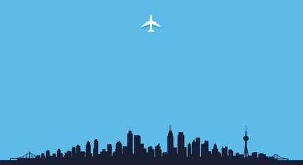 Airplane flying over city skyline minimal illustration.