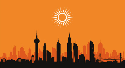 Silhouette of a modern city skyline with prominent skyscrapers and a sun icon.