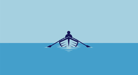 A lone rower in a boat navigating the vast ocean focused on the journey. © Sendal
