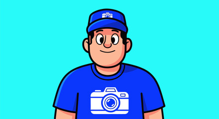 Cartoon Man in Blue Cap and T-Shirt with Camera Graphic.