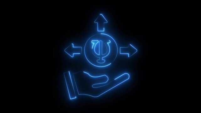 Neon Green Psychology Symbol Psi Hand Arrows Choice Decision Path Forward Direction.Glowing neon with arrows and hand on black background.4k