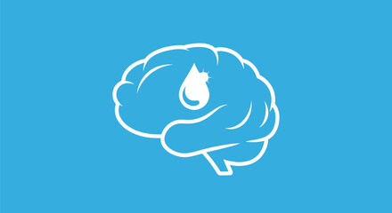Simple line icon of a human brain with a liquid drop.