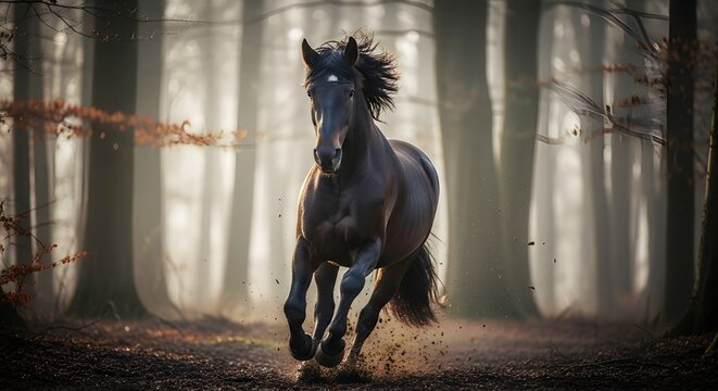 A black horse gallops through a misty and magical forest