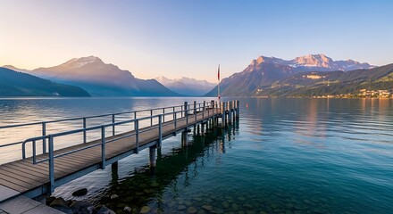 Wooden Pier on a Serene Lake with Majestic Mountains at Sunrise.