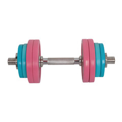 Colorful dumbbell with pink and blue weights on metal handle, isolated on transparency background, perfect for fitness and exercise themes