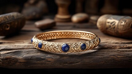remarkable jewelry piece displays exquisite craftsmanship detailed gold work and vibrant blue gemstones. Set in serene rustic environment it highlights historical artistry.