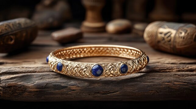 remarkable jewelry piece displays exquisite craftsmanship detailed gold work and vibrant blue gemstones. Set in serene rustic environment it highlights historical artistry.