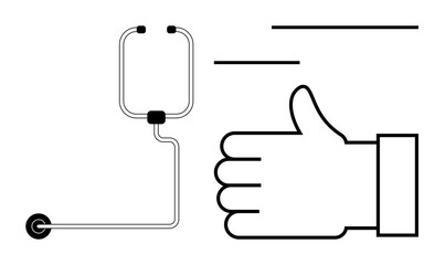 Line art of a thumbs-up hand and stethoscope representing positive medical feedback or approval. Ideal for healthcare, wellness, medical approval, satisfaction, trust, feedback, simple landing page