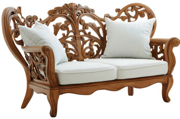 Ornate wooden loveseat with carved details and white cushions.
