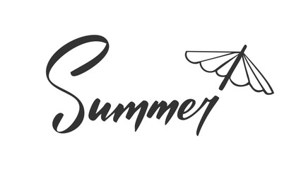 Handwritten word summer in black ink near simple beach umbrella. Sketch style drawing casual lettering, doodle vacation element, playful sunny vibe, relaxed seasonal tropical theme warm mood accent