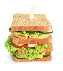 Tasty sandwich with ham and vegetables isolated on white