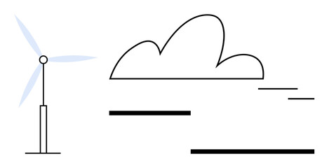 Wind turbine beside a simple cloud with stylized motion lines suggesting airflow or energy. Ideal for sustainability, clean energy, environment, ecology, technology, innovation, future planning