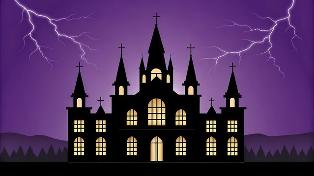 Spooky gothic castle silhouette with lightning and purple stormy sky haunted