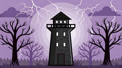 Dark tower under lightning storm with bare trees and purple sky lighthouse spooky