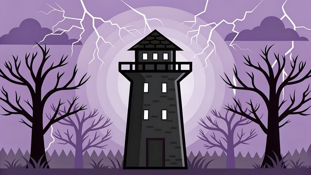 Dark tower under lightning storm with bare trees and purple sky lighthouse spooky - Powered by Adobe