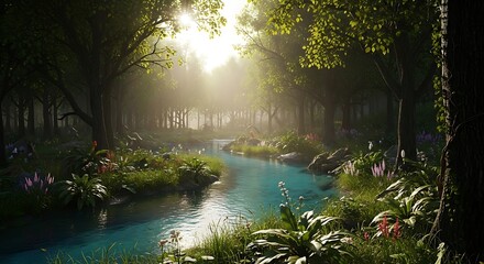 Obraz premium Sunlit River Flowing Through Lush Green Forest.