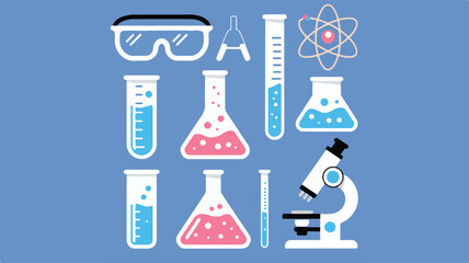 Science laboratory equipment collection with atom model vector