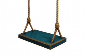 Wooden swing with turquoise seat hanging on ropes isolated on transparent background, perfect for compositions