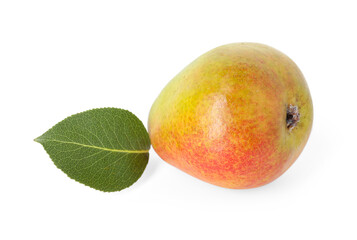 One ripe pear with leaf isolated on white