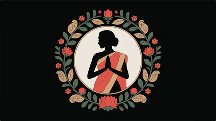 Decorative floral emblem with a woman in traditional attire silhouette
