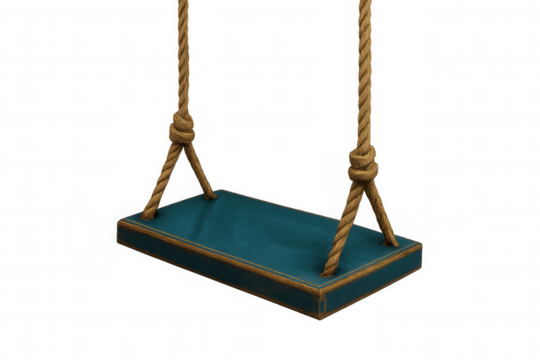 Wooden swing with turquoise seat hanging on ropes isolated on transparent background, perfect for compositions
