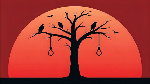 Silhouette of a dead tree with no leaves and hanging nooses at sunset suicide