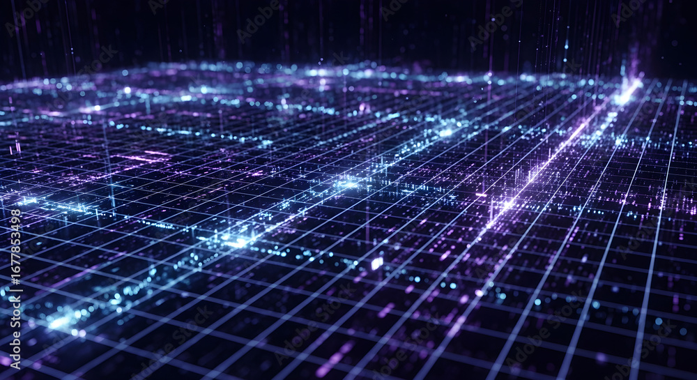 Poster abstract digital grid with glowing particles and light trails, representing data flow and connectivi