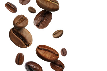 Roasted coffee beans falling against white background