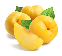 Whole and cut ripe cherry plums with green leaves isolated on white