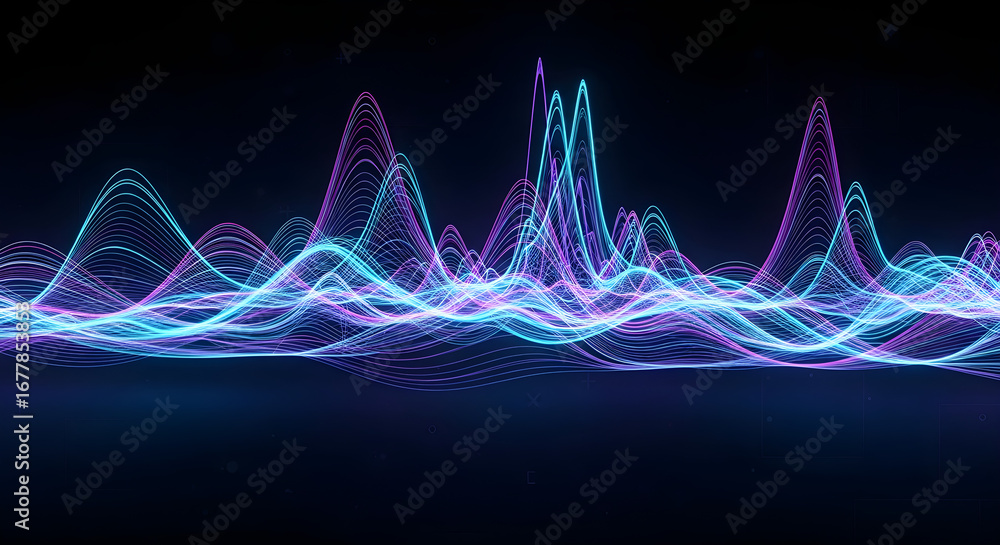 Poster abstract visualization of sound waves with vibrant blue and purple glowing lines against a dark back