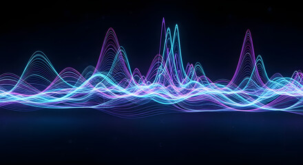 Abstract visualization of sound waves with vibrant blue and purple glowing lines against a dark background, representing audio frequencies and digital music.