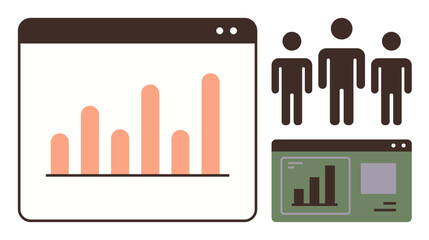Bar graph in browser window, group of people, green screen with chart. Ideal for teamwork, data analysis, business growth, collaboration, analytics statistics presentation. Simple flat metaphor
