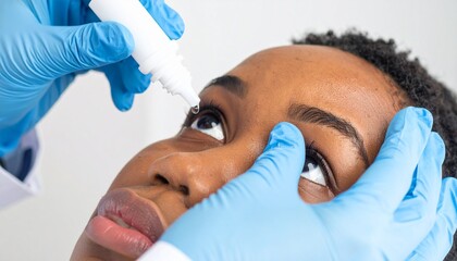 Eye drops being administered to a patient, close-up view.