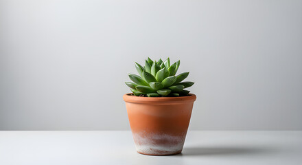 Fototapeta premium A succulent plant in a terracotta pot, centered on a minimalistic white table against a light gray background.