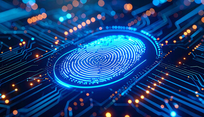 Digital Security and Fingerprint Authentication: A close-up, futuristic shot highlights a glowing fingerprint integrated into a complex circuit board.
