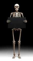 A realistic human skeleton standing upright, holding a blank black sign in its bony hands against a dark, moody with a subtle spotlight