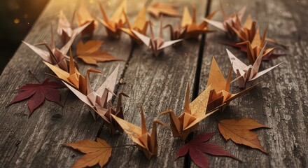 Delicate paper origami cranes arranged with autumn leaves on weathered wood, evoking a serene, natural, and heartfelt aesthetic for creative projects.